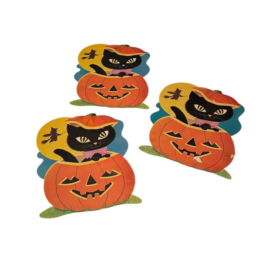 Black Cat Halloween Die Cuts (3) VTG Cardboard Wall Hanging Witch Moon READ NOTE